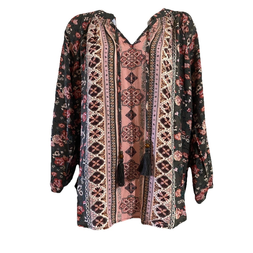 Mason & Belle Womens Peasant Long Sleeve Top Boho Pink Gray Size Small